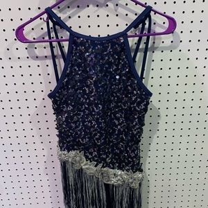Beautiful blue and silver dance costume with a sparkly fringe skirt accent!